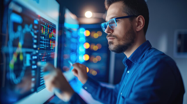 network administrator monitors server health and performance on multiple screens, analyzing data and ensuring system stability in high tech environment