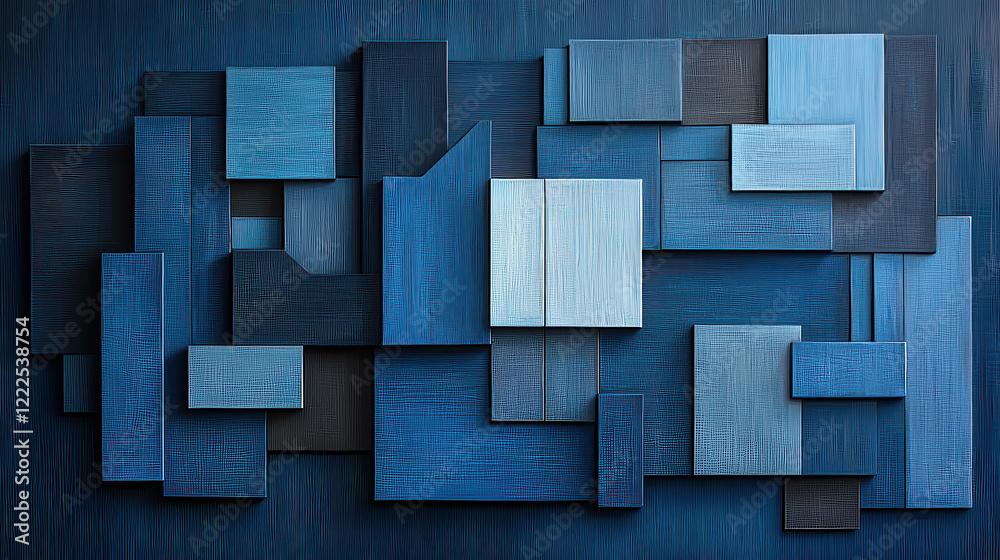 Poster Abstract composition with deep blue tones and geometric shapes, creating modern and artistic feel. interplay of textures adds depth and interest to design