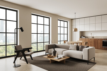 Modern living room with large windows and cozy furniture in a bright apartment. 3D Rendering