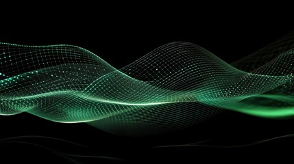 Abstract Wavy Grid with Green Light on Black Background, Digital Network Concept.