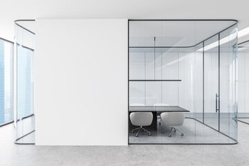 Modern office interior with glass-walled meeting room and minimalist design. 3D Rendering