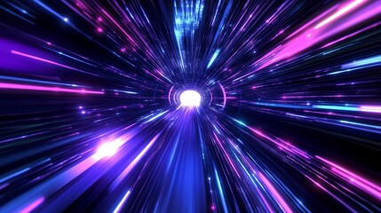 Naklejka premium Futuristic hyperspace tunnel with glowing neon light streaks and motion blur effect