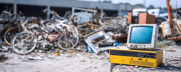 Forgotten Tech in a Junkyard: A poignant scene of obsolete computer and bicycles amidst discarded items, painting a picture of technological obsolescence and environmental concern.
