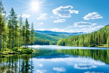 Obraz premium Serene Mountain Lake Landscape with Lush Green Forest