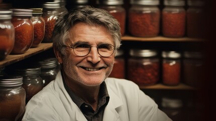 A scientist wearing a lab coat smiles while posing in a laboratory filled with jars of a vibrant red substance. The shelves indicate ongoing research on fermentation and food preservation