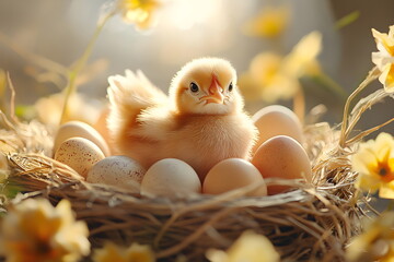 Adorable Easter Scene: One Fluffy Chicks Nestled Among Pink Eggs in a Cozy Straw Basket with Soft Sunlit Background