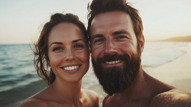 A joyful couple captures a special moment as they take a selfie by the beach during sunset, radiating happiness and love against the serene ocean backdrop