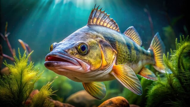 Close-up of a zander, candid underwater shot showcasing vibrant aquatic life.