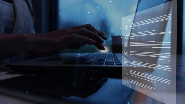 businesswoman checking business performance Business performance monitoring concept, businesswoman using computer Online survey filling out, digital form checklist