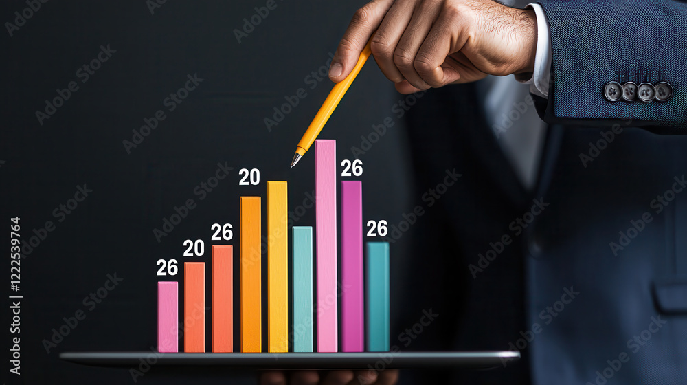 Leinwandbilder business professional in dark blue suit holds tablet displaying colorful bar graphs, illustrating gr