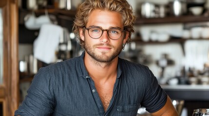 Fototapeta premium A young man with curly hair and glasses sits comfortably at a cafe table, smiling warmly. The interior features wooden decor and various kitchen items, enhancing a welcoming vibe