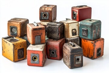 Obraz premium 230. Multi-tiered view on a collection of pencil sharpeners, studio lighting, isolated on a white background --ar 3:2 --v 6.1 Job ID: 6e8102c3-283c-4d1d-8b8e-6a5afcac0d25