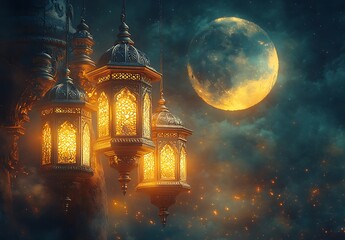 Fototapeta premium Illuminated Lanterns Hanging Under a Full Moon and Cloudy Sky