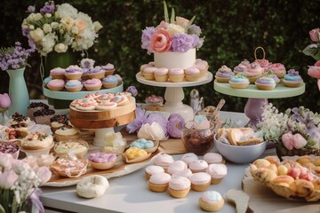 Fototapeta premium Beautiful dessert table with pastel cakes, cupcakes, and floral decorations arranged for an outdoor celebration