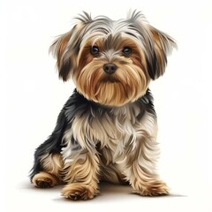 Yorkshire terrier puppy sitting and posing on a white background, showcasing its fluffy fur and cute expression