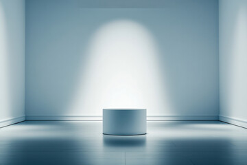 A minimalist display space with soft lighting highlighting a central pedestal.