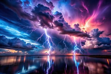 Serene Waters Reflecting a Dramatic Nightscape of Powerful Lightning Bolts and Vibrant Clouds