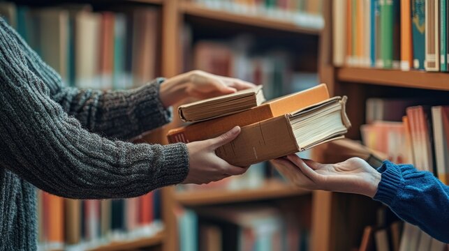 Close-up of hands passing multiple books in a library setting with shelves of books