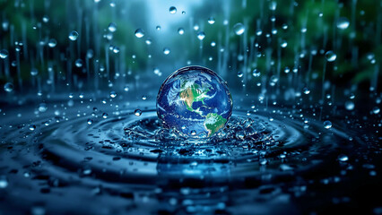 small globe of Earth sits in the center of a dark blue water puddle as rain falls around it