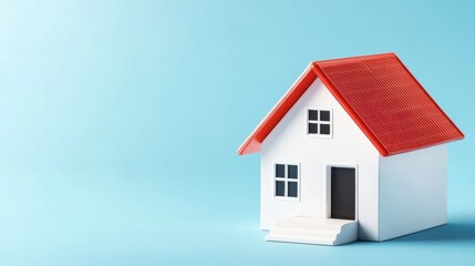 Small white model house with red roof on blue background representing home ownership and real estate concept