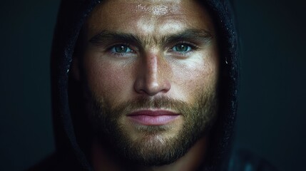A close-up of a man with a well-groomed beard and piercing blue eyes is captured in dim lighting. His hood casts shadows, enhancing his strong features and charismatic expression
