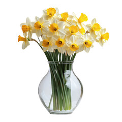 Elegant glass vase filled with vibrant yellow daffodils, isolated on a transparent background. Perfect for floral designs, spring themes, and decorative projects.