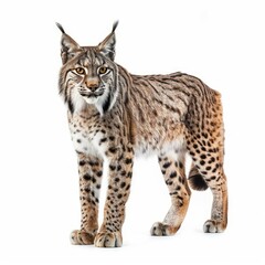 Fototapeta premium Eurasian lynx standing and staring on white background