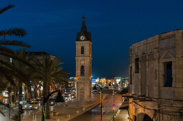 Obraz premium The historic Jaffa Clock Tower in the Old City of Tel Aviv-Yafo, Israel during the twilight blue hour.