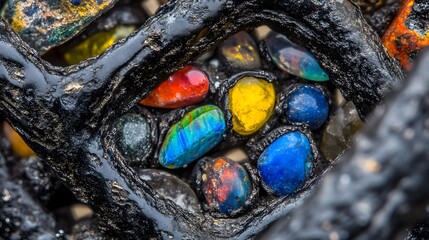 Vibrant Gemstones Embedded in Dark Resin Abstract Art