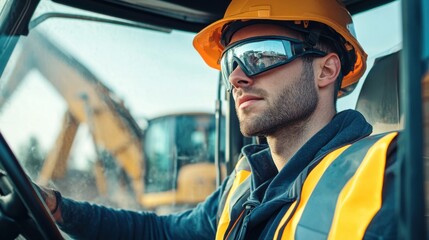 A close-up of a heavy machinery operator in a helmet and protective eyewear, looking out from the cab of an excavator on a construction site, Excavation scene