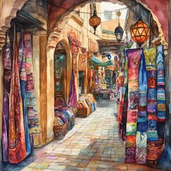 Fototapeta premium Watercolor Painting of a Vibrant Moroccan Souk with Colorful Textiles and Lanterns.