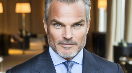 Fototapeta premium A well-groomed man with silver hair and a sharp suit stands confidently in a stylish hotel lounge during evening hours. Soft lighting enhances the elegant atmosphere