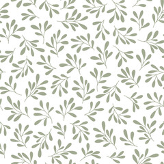 Seamless white floral background with oliveleaves. Hand drawn minimal abstract organic shapes pattern. Delicate vector white abstact pattern with green leaves.