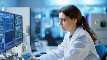 scientist in laboratory monitors data on multiple computer screens, focusing intently on her work in high tech research environment