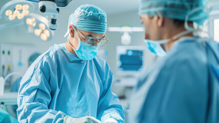 Two surgeons brightly lit operating room are focused performing surgical procedure. Both are wearing blue surgical scrubs, masks, and caps, with one surgeon actively operating while other assists