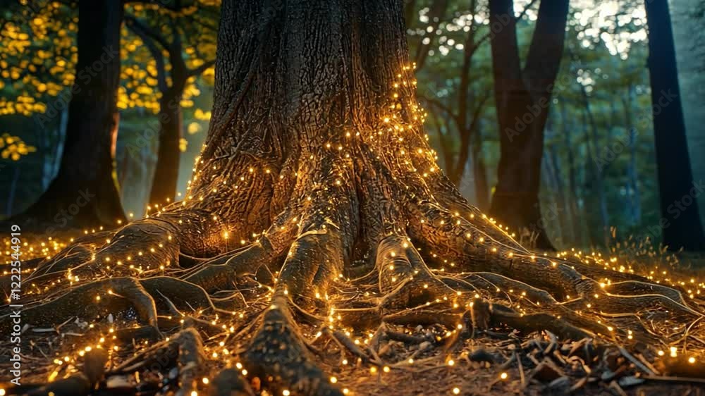 Poster luminous fairy lights entwine the gnarled roots of an ancient tree, casting a warm glow in a serene 