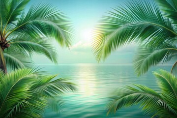 Fototapeta premium Serene Coastal Vista Lush Palm Fronds Frame a Tranquil Ocean Scene at Sunset