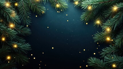 Festive Evergreen Branches with Golden String Lights on a Deep Blue Night Background.