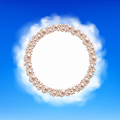 Frame from bead pearls on a background of clouds. Vector copy space template.