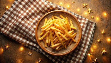 Aromatic golden french fries served on a rustic plate, adorned with warm lighting and a checkered tablecloth, creating a cozy and inviting ambiance for a delightful meal.