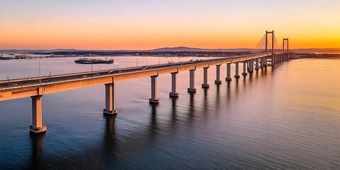 Obraz premium Cable-Stayed Bridge Spans Calm Water During Sunset, Connecting Shores with Grace and Strength