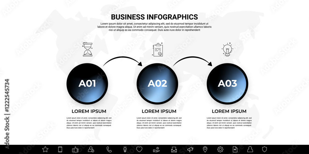 Poster modern business infographic with gradient circular icons – 3 steps workflow template with arrows