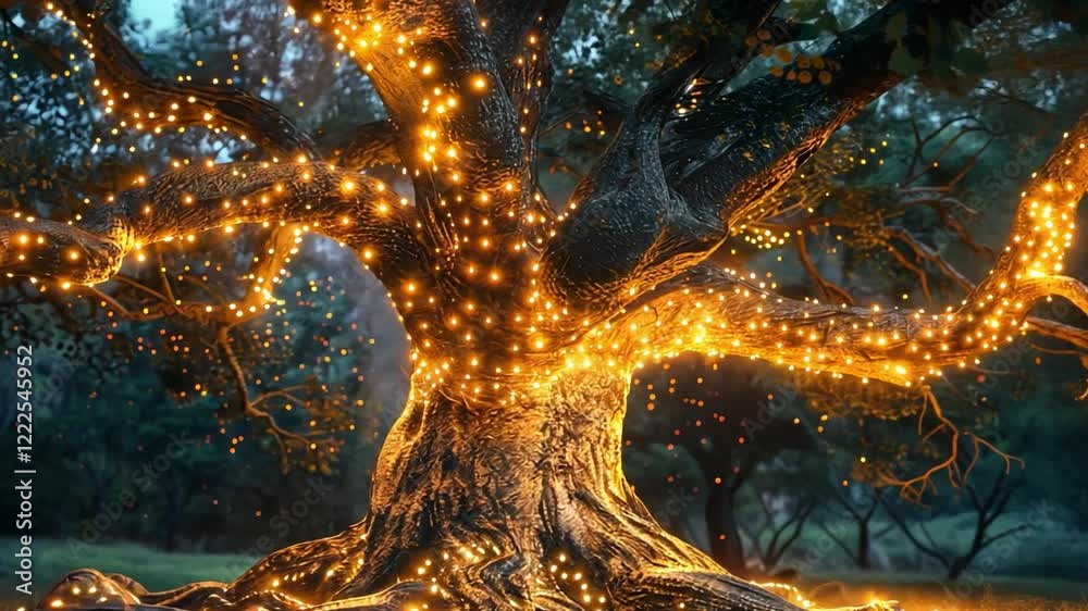 Poster a large tree is adorned with warm, glowing lights, creating a magical ambiance as dusk settles in a 