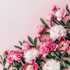 Delicate pink peonies on a pink background. Wedding and Women's Day greeting card.