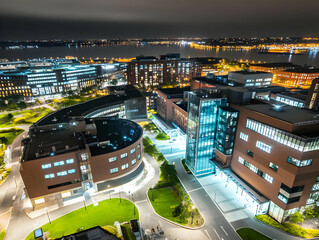 Modern Cityscape Illuminates at Night with Buildings and Water in the Background