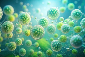 Microscopic Green Spheres Interconnected in a Complex Network, Showing Cellular Structures and Connections Within a Fluid Medium