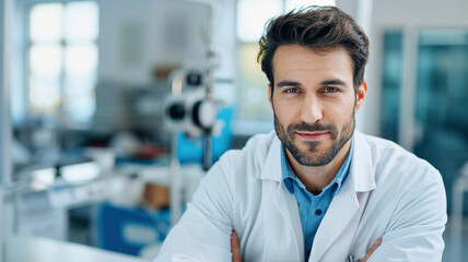 confident ophthalmologist in white coat standing in modern medical office, with advanced eye examination equipment visible in background