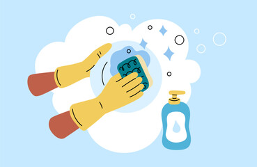 Washing dishes. Gloved hands wash plate. Bottle of cleaning agent. Kitchenware detergent. Kitchen cleanup. Household chores. Arms holding sponge. Utensil cleaner. Garish vector concept
