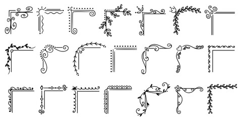 Vintage corners. Vintage books decorative elements. Floral retro design. Elegant old borders. Linear embellishment frame. Graphic flourish. Calligraphy line scrolls. Recent vector set