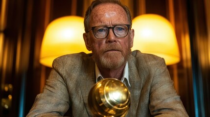 A focused man with glasses and a beard sits at a table, studying a golden globe. The warm lighting and elegant decor create a sophisticated atmosphere